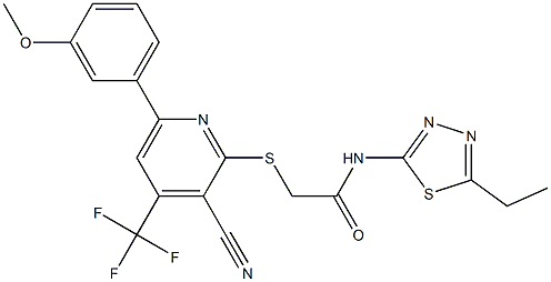 2-{[3-cyano-6-(3-methoxyphenyl)-4-(trifluoromethyl)-2-pyridinyl]sulfanyl}-N-(5-ethyl-1,3,4-thiadiazol-2-yl)acetamide Struktur