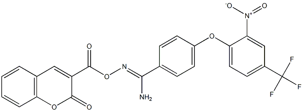 O1-[(2-oxo-2H-chromen-3-yl)carbonyl]-4-[2-nitro-4-(trifluoromethyl)phenoxy]benzene-1-carbohydroximamide Struktur