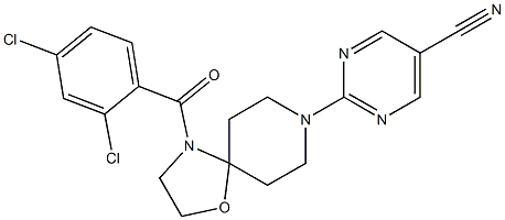 2-[4-(2,4-dichlorobenzoyl)-1-oxa-4,8-diazaspiro[4.5]dec-8-yl]-5-pyrimidinecarbonitrile Struktur