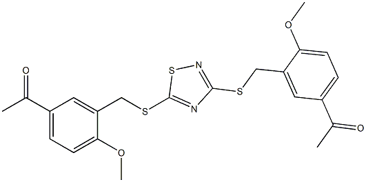 1-{3-[({3-[(5-acetyl-2-methoxybenzyl)thio]-1,2,4-thiadiazol-5-yl}thio)methyl]-4-methoxyphenyl}ethan-1-one Struktur