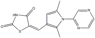 5-{(Z)-[2,5-dimethyl-1-(2-pyrazinyl)-1H-pyrrol-3-yl]methylidene}-1,3-thiazolane-2,4-dione Struktur