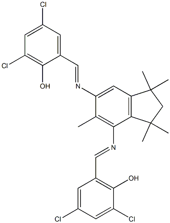 2,4-dichloro-6-[({6-[(3,5-dichloro-2-hydroxybenzylidene)amino]-1,1,3,3,5-pentamethyl-2,3-dihydro-1H-inden-4-yl}imino)methyl]phenol Struktur