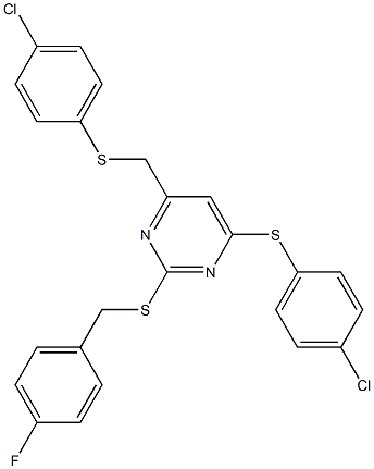 4-chlorophenyl {6-[(4-chlorophenyl)sulfanyl]-2-[(4-fluorobenzyl)sulfanyl]-4-pyrimidinyl}methyl sulfide Struktur