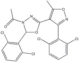 1-{2-(2,6-dichlorophenyl)-5-[3-(2,6-dichlorophenyl)-5-methylisoxazol-4-yl]-2,3-dihydro-1,3,4-oxadiazol-3-yl}ethan-1-one Struktur