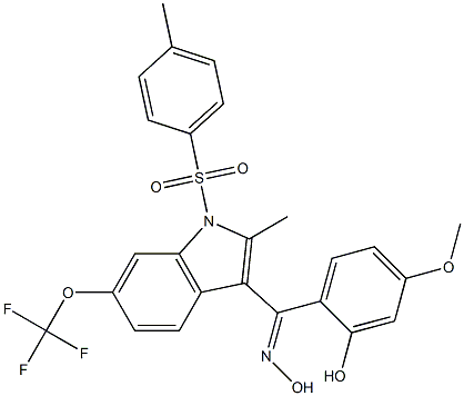 (2-hydroxy-4-methoxyphenyl) (2-methyl-1-tosyl-6-(trifluoromethoxy) -1H-indol-3-yl)methanone oxime Struktur