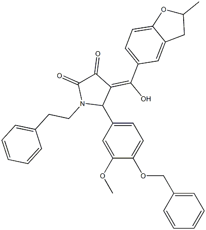 4-[hydroxy-(2-methyl-2,3-dihydrobenzofuran-5-yl)methylidene]-5-(3-methoxy-4-phenylmethoxy-phenyl)-1-phenethyl-pyrrolidine-2,3-dione Struktur