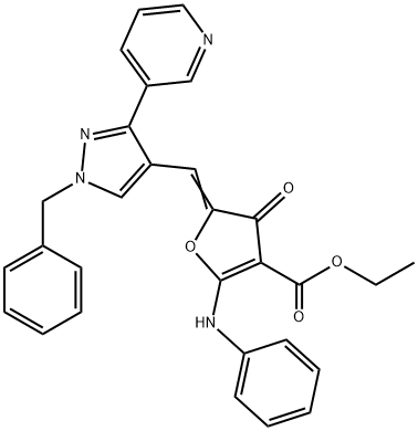 3-Furancarboxylic  acid,  4,5-dihydro-4-oxo-2-(phenylamino)-5-[[1-(phenylmethyl)-3-(3-pyridinyl)-1H-pyrazol-4-yl]methylene]-,  ethyl  ester Struktur