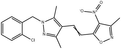 Isoxazole,  5-[2-[1-[(2-chlorophenyl)methyl]-3,5-dimethyl-1H-pyrazol-4-yl]ethenyl]-3-methyl-4-nitro- Struktur