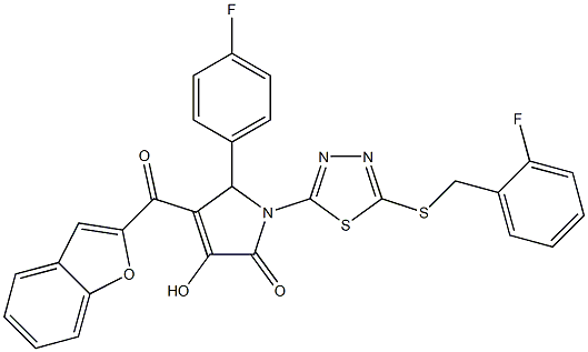 4-(1-benzofuran-2-ylcarbonyl)-1-{5-[(2-fluorobenzyl)sulfanyl]-1,3,4-thiadiazol-2-yl}-5-(4-fluorophenyl)-3-hydroxy-1,5-dihydro-2H-pyrrol-2-one Struktur