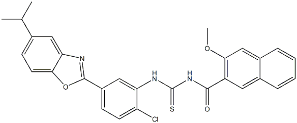 N-[2-chloro-5-(5-isopropyl-1,3-benzoxazol-2-yl)phenyl]-N'-(3-methoxy-2-naphthoyl)thiourea Struktur