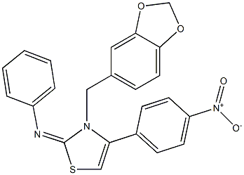 3-(1,3-benzodioxol-5-ylmethyl)-4-{4-nitrophenyl}-2-(phenylimino)-2,3-dihydro-1,3-thiazole Struktur