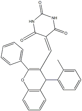 5-{[4-(2-methylphenyl)-2-phenyl-4H-chromen-3-yl]methylene}-2,4,6(1H,3H,5H)-pyrimidinetrione Struktur