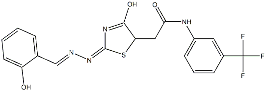 2-{4-hydroxy-2-[(2-hydroxybenzylidene)hydrazono]-2,5-dihydro-1,3-thiazol-5-yl}-N-[3-(trifluoromethyl)phenyl]acetamide Struktur