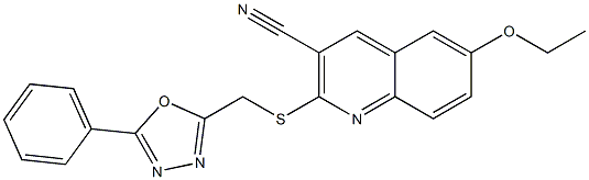 6-ethoxy-2-{[(5-phenyl-1,3,4-oxadiazol-2-yl)methyl]sulfanyl}-3-quinolinecarbonitrile Struktur