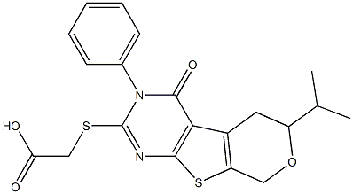 [(6-isopropyl-4-oxo-3-phenyl-3,5,6,8-tetrahydro-4H-pyrano[4',3':4,5]thieno[2,3-d]pyrimidin-2-yl)sulfanyl]acetic acid Struktur