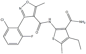 N-[3-(aminocarbonyl)-4-ethyl-5-methyl-2-thienyl]-3-(2-chloro-6-fluorophenyl)-5-methyl-4-isoxazolecarboxamide Struktur