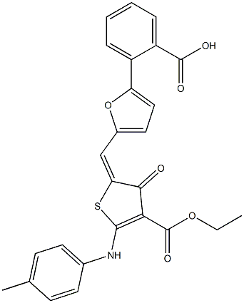 2-{5-[(4-(ethoxycarbonyl)-3-oxo-5-(4-toluidino)-2(3H)-thienylidene)methyl]-2-furyl}benzoic acid Struktur