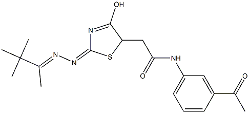 N-(3-acetylphenyl)-2-{4-hydroxy-2-[(1,2,2-trimethylpropylidene)hydrazono]-2,5-dihydro-1,3-thiazol-5-yl}acetamide Struktur