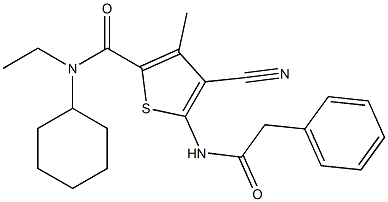 4-cyano-N-cyclohexyl-N-ethyl-3-methyl-5-[(phenylacetyl)amino]-2-thiophenecarboxamide Struktur