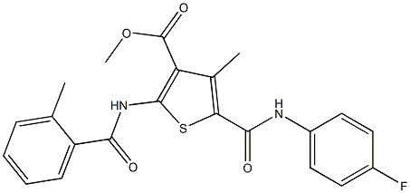 methyl 5-{[(4-fluorophenyl)amino]carbonyl}-4-methyl-2-{[(2-methylphenyl)carbonyl]amino}thiophene-3-carboxylate Struktur