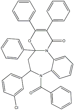 7-benzoyl-6-(3-chlorophenyl)-2,3,4a-triphenyl-4a,5,6,7-tetrahydro-1H-[1,3]oxazino[3,2-a][1,5]benzodiazepin-1-one Struktur