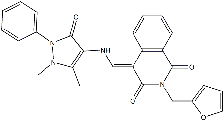 4-{[(1,5-dimethyl-3-oxo-2-phenyl-2,3-dihydro-1H-pyrazol-4-yl)amino]methylene}-2-(2-furylmethyl)-1,3(2H,4H)-isoquinolinedione Struktur