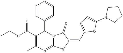 ethyl 7-methyl-3-oxo-5-phenyl-2-{[5-(1-pyrrolidinyl)-2-furyl]methylene}-2,3-dihydro-5H-[1,3]thiazolo[3,2-a]pyrimidine-6-carboxylate Struktur