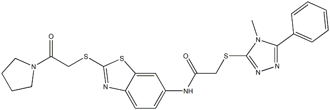 2-[(4-methyl-5-phenyl-4H-1,2,4-triazol-3-yl)sulfanyl]-N-(2-{[2-oxo-2-(1-pyrrolidinyl)ethyl]sulfanyl}-1,3-benzothiazol-6-yl)acetamide Struktur