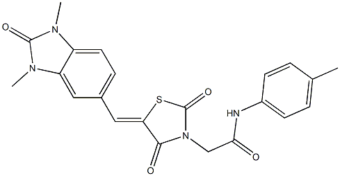 2-{5-[(1,3-dimethyl-2-oxo-2,3-dihydro-1H-benzimidazol-5-yl)methylene]-2,4-dioxo-1,3-thiazolidin-3-yl}-N-(4-methylphenyl)acetamide Struktur