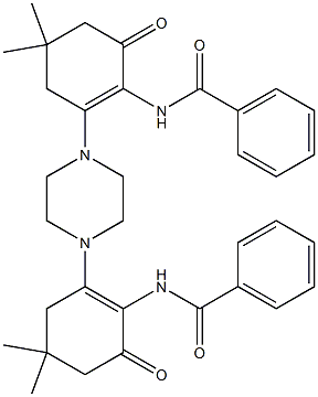 N-(2-{4-[2-(benzoylamino)-5,5-dimethyl-3-oxo-1-cyclohexen-1-yl]-1-piperazinyl}-4,4-dimethyl-6-oxo-1-cyclohexen-1-yl)benzamide Struktur