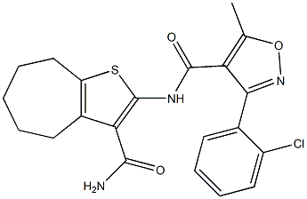 N-[3-(aminocarbonyl)-5,6,7,8-tetrahydro-4H-cyclohepta[b]thien-2-yl]-3-(2-chlorophenyl)-5-methyl-4-isoxazolecarboxamide Struktur