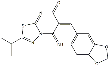 6-(1,3-benzodioxol-5-ylmethylene)-5-imino-2-isopropyl-5,6-dihydro-7H-[1,3,4]thiadiazolo[3,2-a]pyrimidin-7-one Struktur