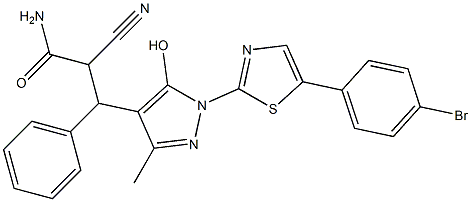 3-{1-[5-(4-bromophenyl)-1,3-thiazol-2-yl]-5-hydroxy-3-methyl-1H-pyrazol-4-yl}-2-cyano-3-phenylpropanamide Struktur