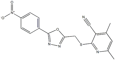 2-{[(5-{4-nitrophenyl}-1,3,4-oxadiazol-2-yl)methyl]sulfanyl}-4,6-dimethylpyridine-3-carbonitrile Struktur