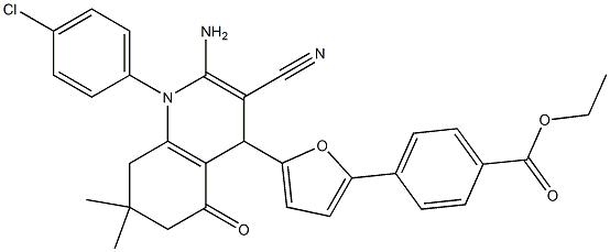 ethyl 4-{5-[2-amino-1-(4-chlorophenyl)-3-cyano-7,7-dimethyl-5-oxo-1,4,5,6,7,8-hexahydro-4-quinolinyl]-2-furyl}benzoate Struktur