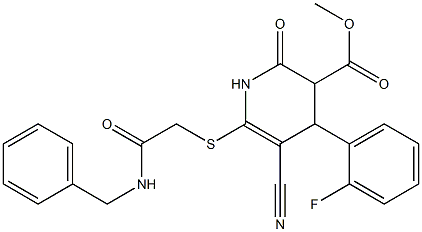 methyl 6-{[2-(benzylamino)-2-oxoethyl]sulfanyl}-5-cyano-4-(2-fluorophenyl)-2-oxo-1,2,3,4-tetrahydropyridine-3-carboxylate Struktur