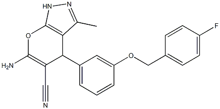 6-amino-4-{3-[(4-fluorobenzyl)oxy]phenyl}-3-methyl-1,4-dihydropyrano[2,3-c]pyrazole-5-carbonitrile Struktur