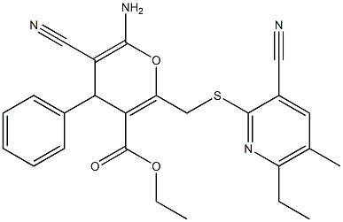 ethyl 6-amino-5-cyano-2-{[(3-cyano-6-ethyl-5-methylpyridin-2-yl)sulfanyl]methyl}-4-phenyl-4H-pyran-3-carboxylate Struktur