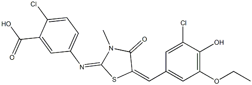 2-chloro-5-{[5-(3-chloro-5-ethoxy-4-hydroxybenzylidene)-3-methyl-4-oxo-1,3-thiazolidin-2-ylidene]amino}benzoic acid Struktur