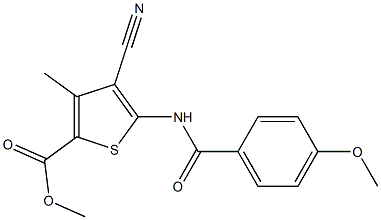 methyl 4-cyano-5-[(4-methoxybenzoyl)amino]-3-methyl-2-thiophenecarboxylate Struktur