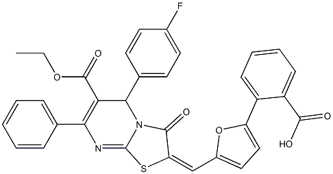 2-{5-[(6-(ethoxycarbonyl)-5-(4-fluorophenyl)-3-oxo-7-phenyl-5H-[1,3]thiazolo[3,2-a]pyrimidin-2(3H)-ylidene)methyl]-2-furyl}benzoic acid Struktur