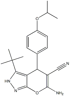 6-amino-3-(1,1-dimethylethyl)-4-{4-[(1-methylethyl)oxy]phenyl}-2,4-dihydropyrano[2,3-c]pyrazole-5-carbonitrile Struktur