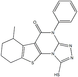 6-methyl-4-phenyl-1-sulfanyl-6,7,8,9-tetrahydro[1]benzothieno[3,2-e][1,2,4]triazolo[4,3-a]pyrimidin-5(4H)-one Struktur