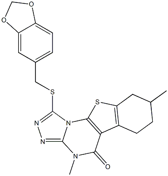 1-[(1,3-benzodioxol-5-ylmethyl)sulfanyl]-4,8-dimethyl-6,7,8,9-tetrahydro[1]benzothieno[3,2-e][1,2,4]triazolo[4,3-a]pyrimidin-5(4H)-one Struktur