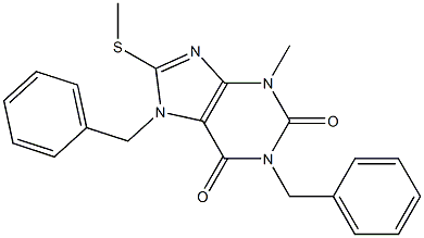 3-methyl-8-(methylsulfanyl)-1,7-bis(phenylmethyl)-3,7-dihydro-1H-purine-2,6-dione Struktur