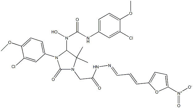 N'-(3-chloro-4-methoxyphenyl)-N-(3-(3-chloro-4-methoxyphenyl)-1-{2-[2-(3-{5-nitro-2-furyl}-2-propenylidene)hydrazino]-2-oxoethyl}-5,5-dimethyl-2-oxo-4-imidazolidinyl)-N-hydroxyurea Struktur