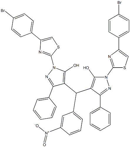 1-[4-(4-bromophenyl)-1,3-thiazol-2-yl]-4-[{1-[4-(4-bromophenyl)-1,3-thiazol-2-yl]-5-hydroxy-3-phenyl-1H-pyrazol-4-yl}(3-nitrophenyl)methyl]-3-phenyl-1H-pyrazol-5-ol Struktur