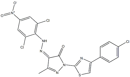 1-[4-(4-chlorophenyl)-1,3-thiazol-2-yl]-3-methyl-1H-pyrazole-4,5-dione 4-[N-(2,6-dichloro-4-nitrophenyl)hydrazone] Struktur