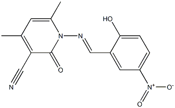 1-{[(E)-(2-hydroxy-5-nitrophenyl)methylidene]amino}-4,6-dimethyl-2-oxo-1,2-dihydro-3-pyridinecarbonitrile Struktur