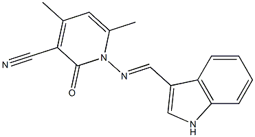 1-{[(E)-1H-indol-3-ylmethylidene]amino}-4,6-dimethyl-2-oxo-1,2-dihydro-3-pyridinecarbonitrile Struktur